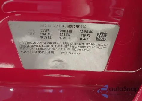 2012 Chevrolet Sonic 2Lt z USA, uszkodzony, nr VIN 1G1JC6SH7C4136715